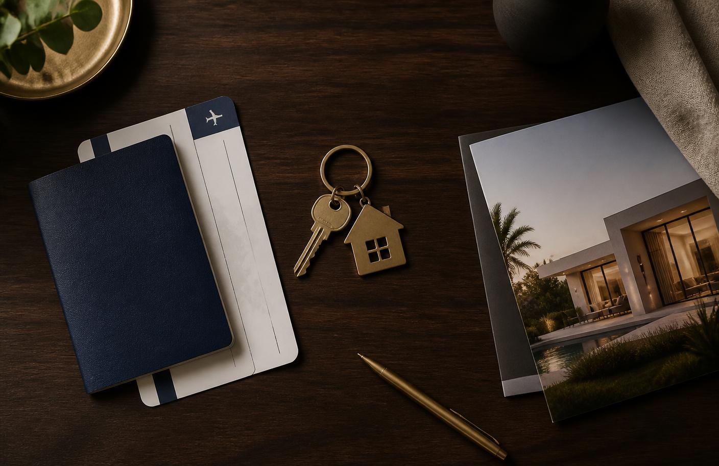 Passport, boarding pass, house keys and a property brochure on a dark wood desk